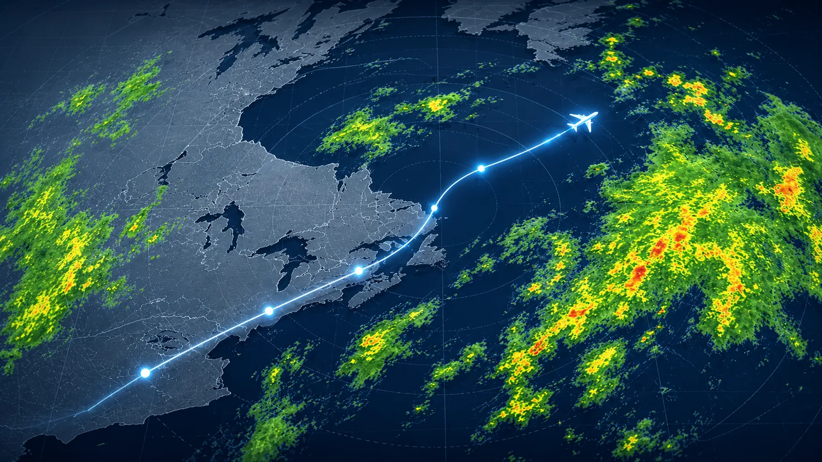 Stylized radar view of a multi-leg flight route threading between storm cells
